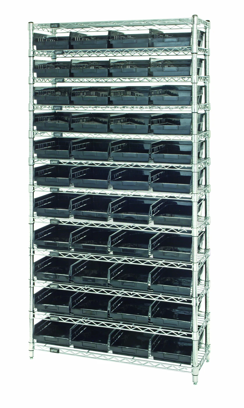 Quantum WR12-107BK Bin Wire Shelving System, 36"D x 12"W x 74"H, 800 lb capacity, Chrome