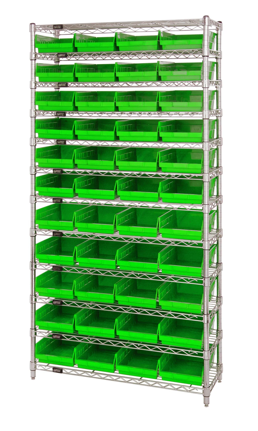 Quantum WR12-107GN Bin Wire Shelving System, 36"D x 12"W x 74"H, 800 lb capacity, Chrome