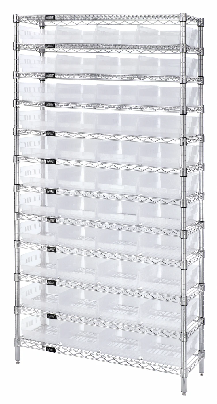 Quantum WR12-107CL Bin Wire Shelving System, 36"D x 12"W x 74"H, 800 lb capacity, Chrome