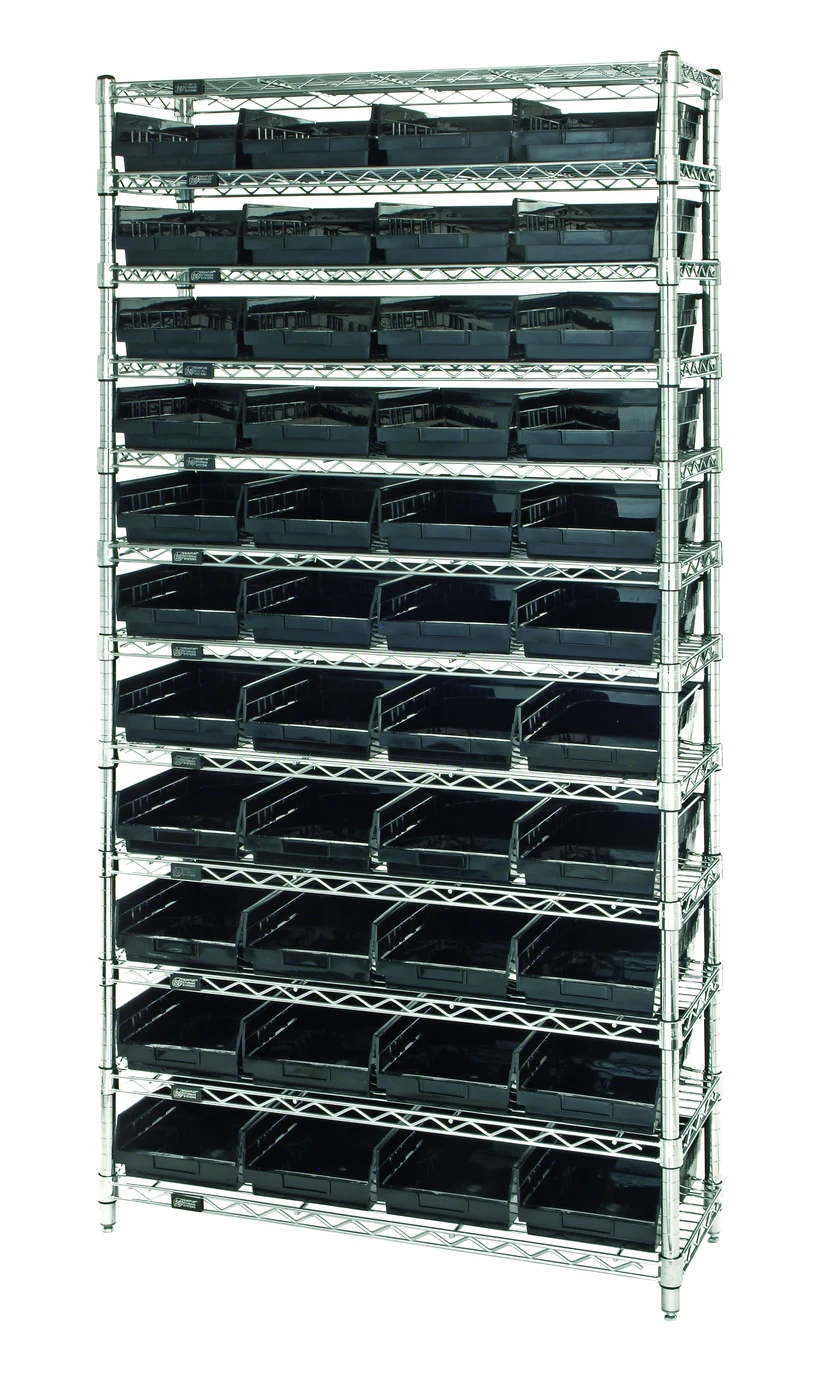 Quantum WR12-107CO Conductive Bin Wire Shelving System, 36"D x 12"W x 74"H, 800 lb capacity, Chrome
