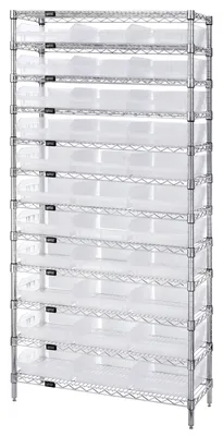 Quantum WR12-109CL Bin Wire Shelving System, 36"D x 12"W x 74"H, 800 lb capacity, Chrome
