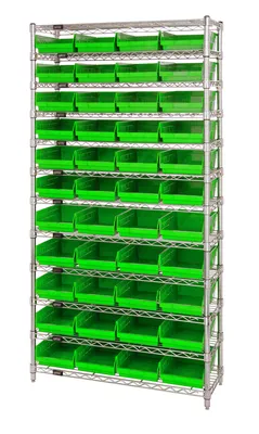 Quantum WR12-114GN Bin Wire Shelving System, 36"D x 24"W x 74"H, 800 lb capacity, Chrome