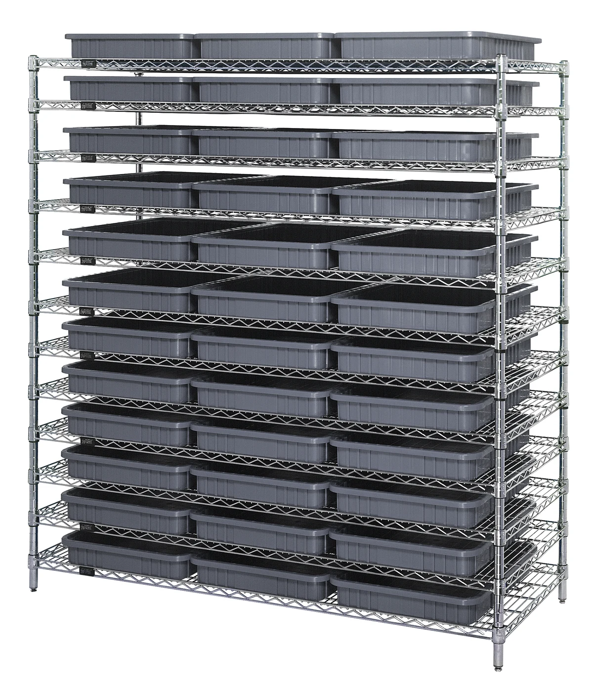 Quantum WR12-93030GY Bin Wire Shelving System, 60"L x 24"W x 63"H, 600 lb capacity, Chrome