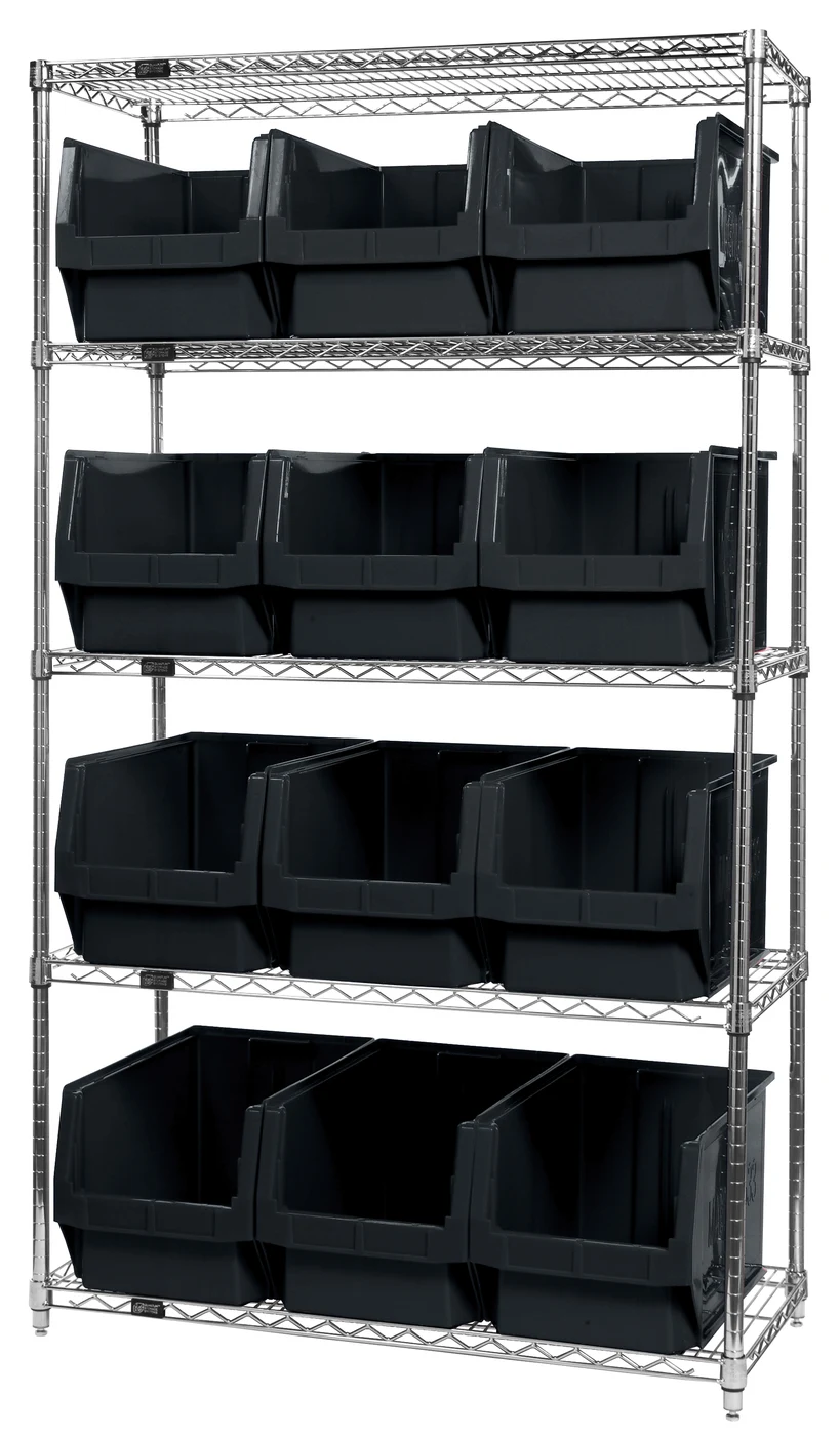 Quantum WR5-533BK Bin Wire Shelving System, 42"W x 18"D x 74"H, 800 lb capacity, Chrome