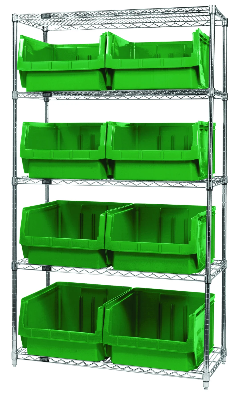 Quantum WR5-543GN Bin Wire Shelving System, 42"W x 18"D x 74"H, 800 lb capacity, Chrome