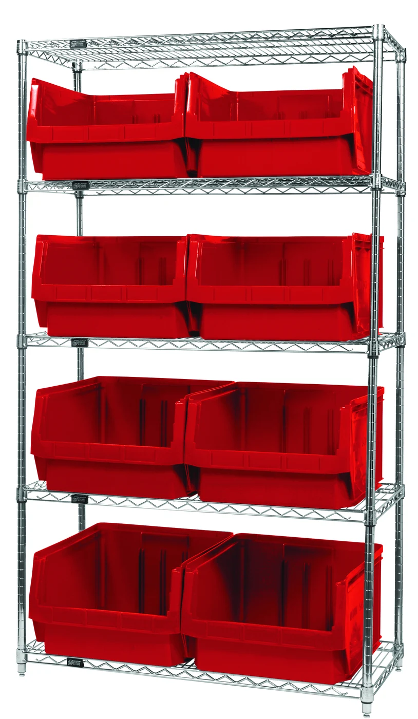 Quantum WR5-543RD Bin Wire Shelving System, 42"W x 18"D x 74"H, 800 lb capacity, Chrome