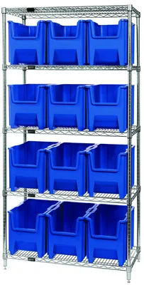 Quantum WR5-600BL Bin Wire Shelving System, 36"W x 18"D x 74"H, 800 lb capacity, Chrome