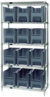 Quantum WR5-600GY Bin Wire Shelving System, 36"W x 18"D x 74"H, 800 lb capacity, Chrome