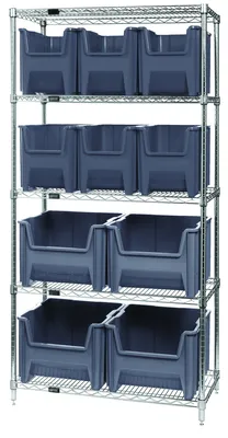 Quantum WR5-600800GY Bin Wire Shelving System, 36"W x 18"D x 74"H, 800 lb capacity, Chrome