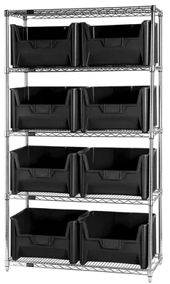 Quantum WR5-700BK Bin Wire Shelving System, 42"W x 18"D x 74"H, 800 lb capacity, Chrome