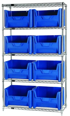 Quantum WR5-700BL Bin Wire Shelving System, 42"W x 18"D x 74"H, 800 lb capacity, Chrome