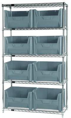 Quantum WR5-700GY Bin Wire Shelving System, 42"W x 18"D x 74"H, 800 lb capacity, Chrome