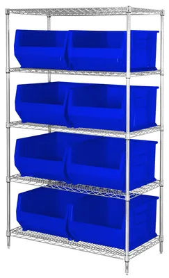 Quantum WR5-975BL Bin Wire Shelving System, 42"W x 30"D x 74"H, 800 lb capacity, Chrome