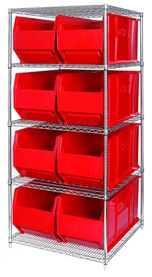 Quantum WR5-993RD Bin Wire Shelving System, 36"W x 36"D x 74"H, 600 lb capacity, Chrome