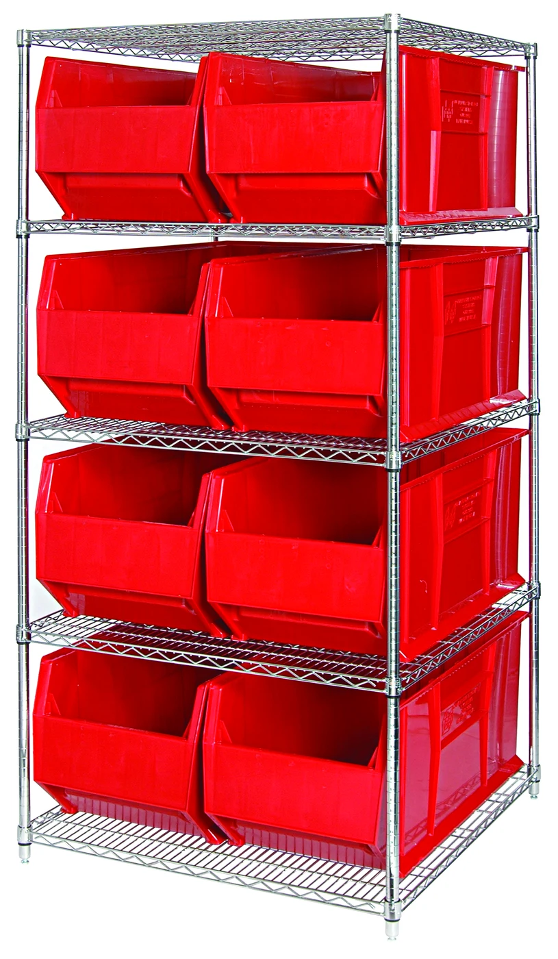 Quantum WR5-995RD Bin Wire Shelving System, 48"W x 36"D x 74"H, 600 lb capacity, Chrome