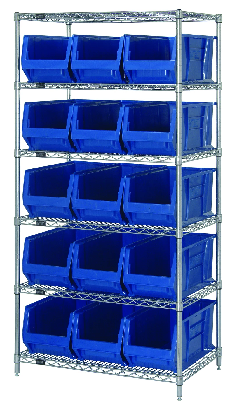 Quantum WR6-953BL Bin Wire Shelving System, 36"W x 24"D x 74"H, 800 lb capacity, Chrome
