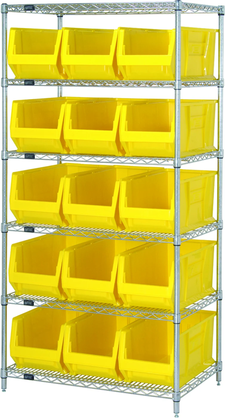 Quantum WR6-953YL Bin Wire Shelving System, 36"W x 24"D x 74"H, 800 lb capacity, Chrome