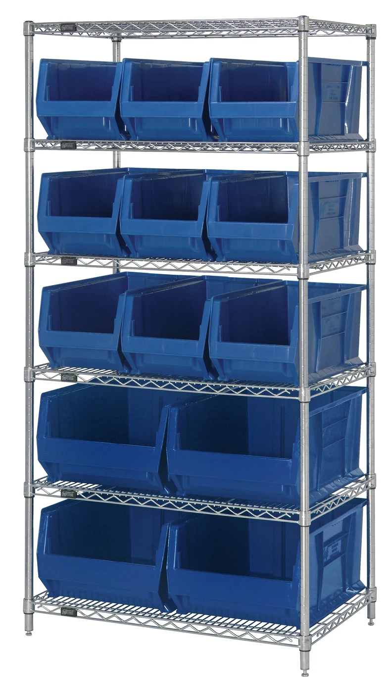 Quantum WR6-953954BL Bin Wire Shelving System, 36"W x 24"D x 74"H, 800 lb capacity, Chrome