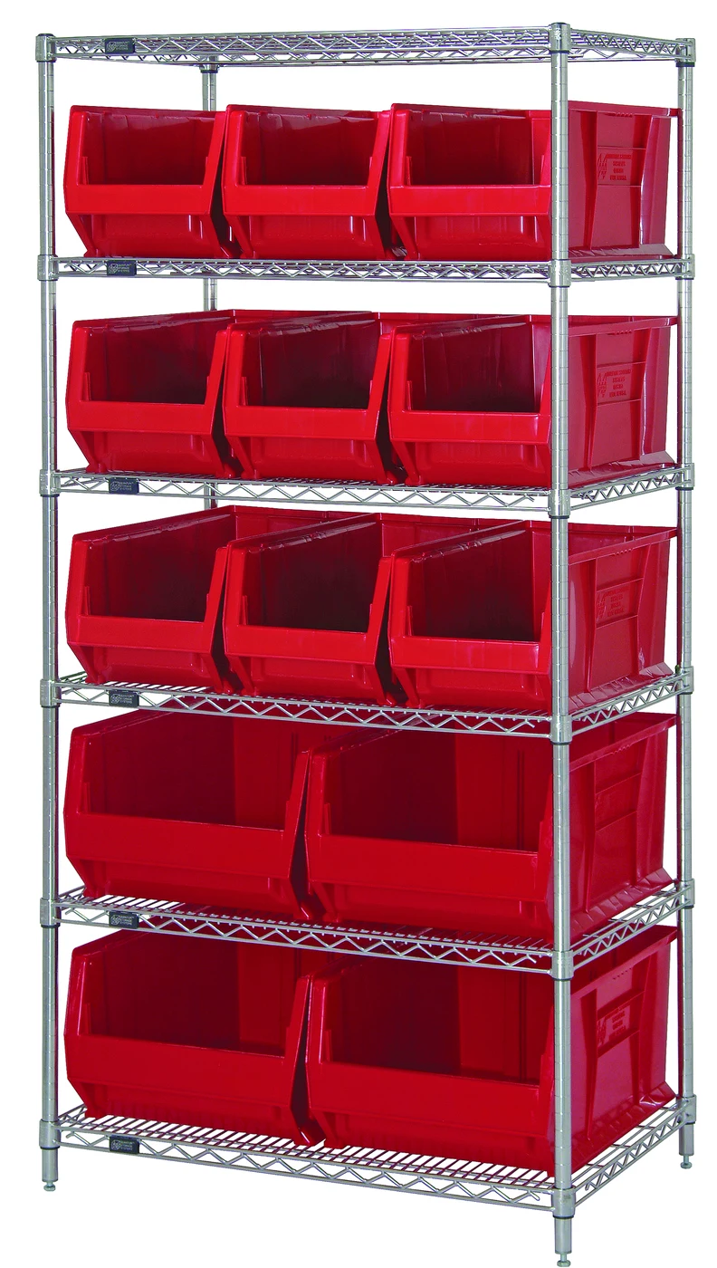 Quantum WR6-953954RD Bin Wire Shelving System, 36"W x 24"D x 74"H, 800 lb capacity, Chrome