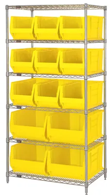 Quantum WR6-953954YL Bin Wire Shelving System, 36"W x 24"D x 74"H, 800 lb capacity, Chrome