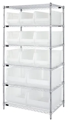 Quantum WR6-953954CL Bin Wire Shelving System, 36"W x 24"D x 74"H, 800 lb capacity, Chrome