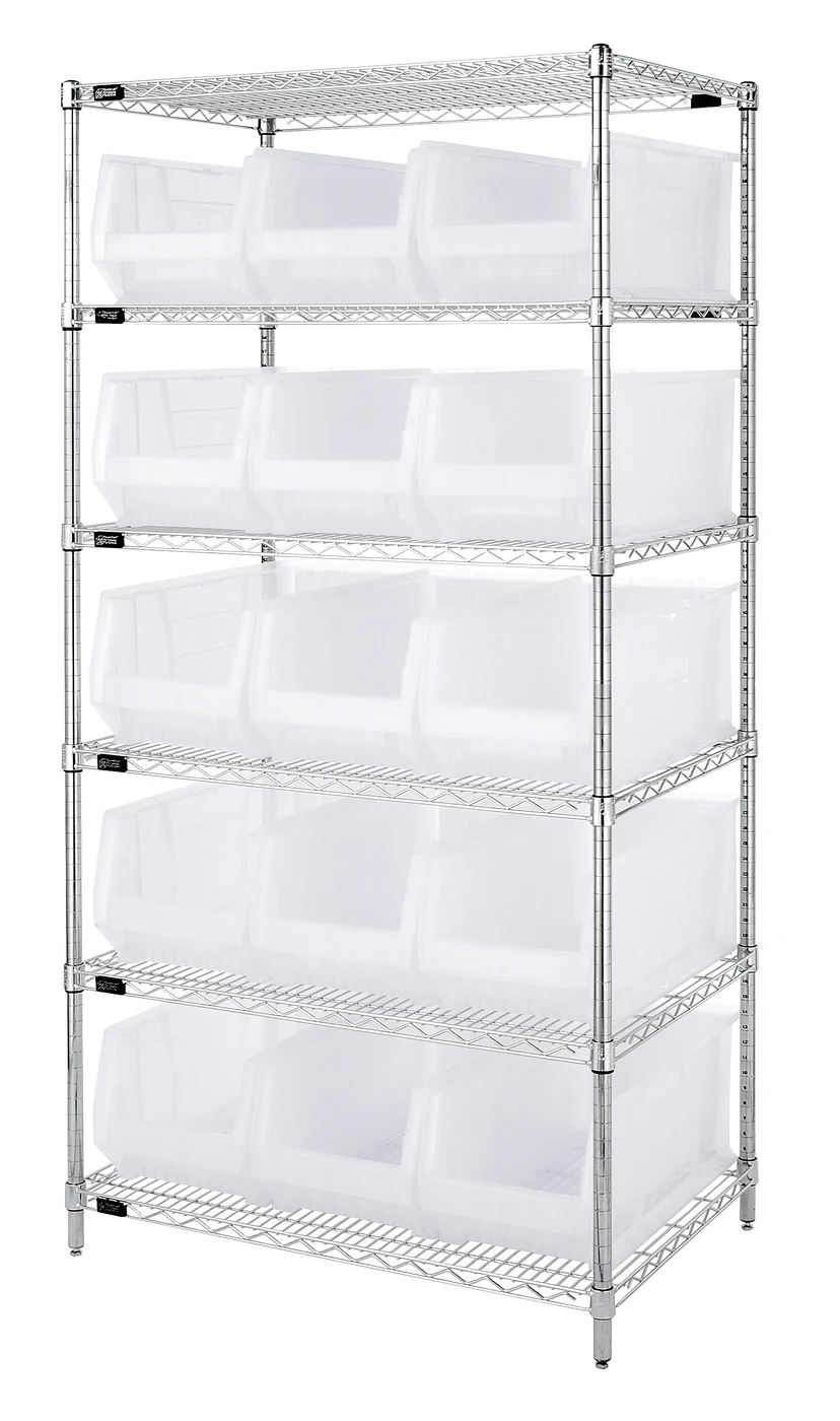 Quantum WR6-953CL Bin Wire Shelving System, 36"W x 24"D x 74"H, 800 lb capacity, Chrome