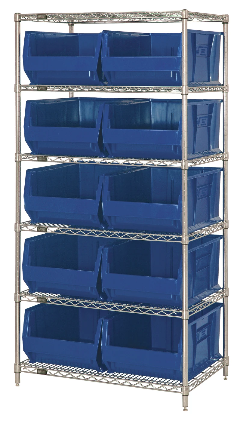 Quantum WR6-954BL Bin Wire Shelving System, 36"W x 24"D x 74"H, 800 lb capacity, Chrome