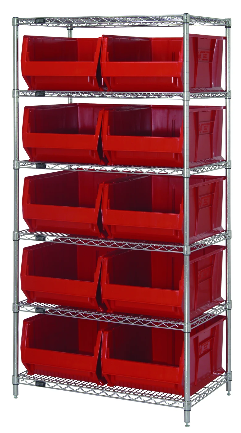Quantum WR6-954RD Bin Wire Shelving System, 36"W x 24"D x 74"H, 800 lb capacity, Chrome