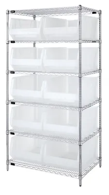 Quantum WR6-954CL Bin Wire Shelving System, 36"W x 24"D x 74"H, 800 lb capacity, Chrome