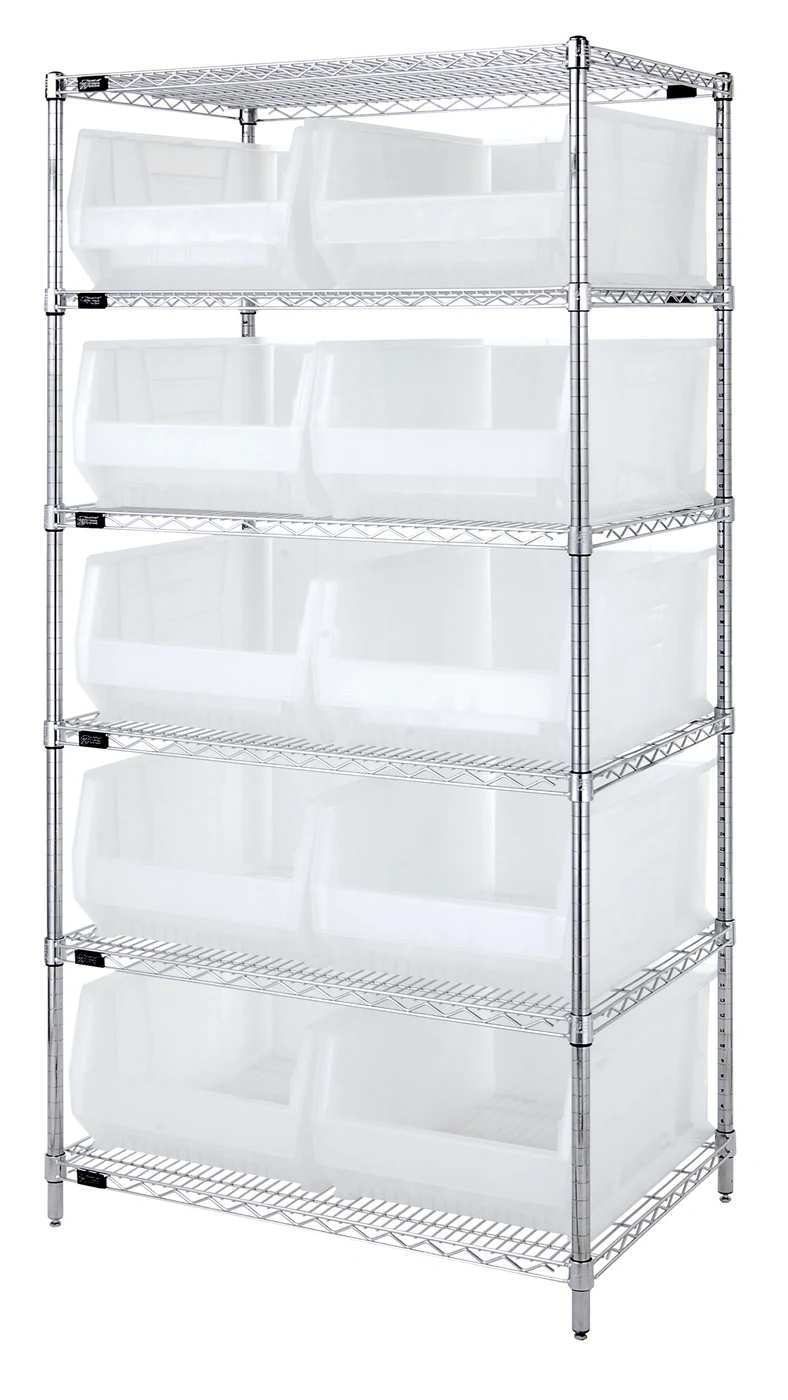 Quantum WR6-954CL Bin Wire Shelving System, 36"W x 24"D x 74"H, 800 lb capacity, Chrome