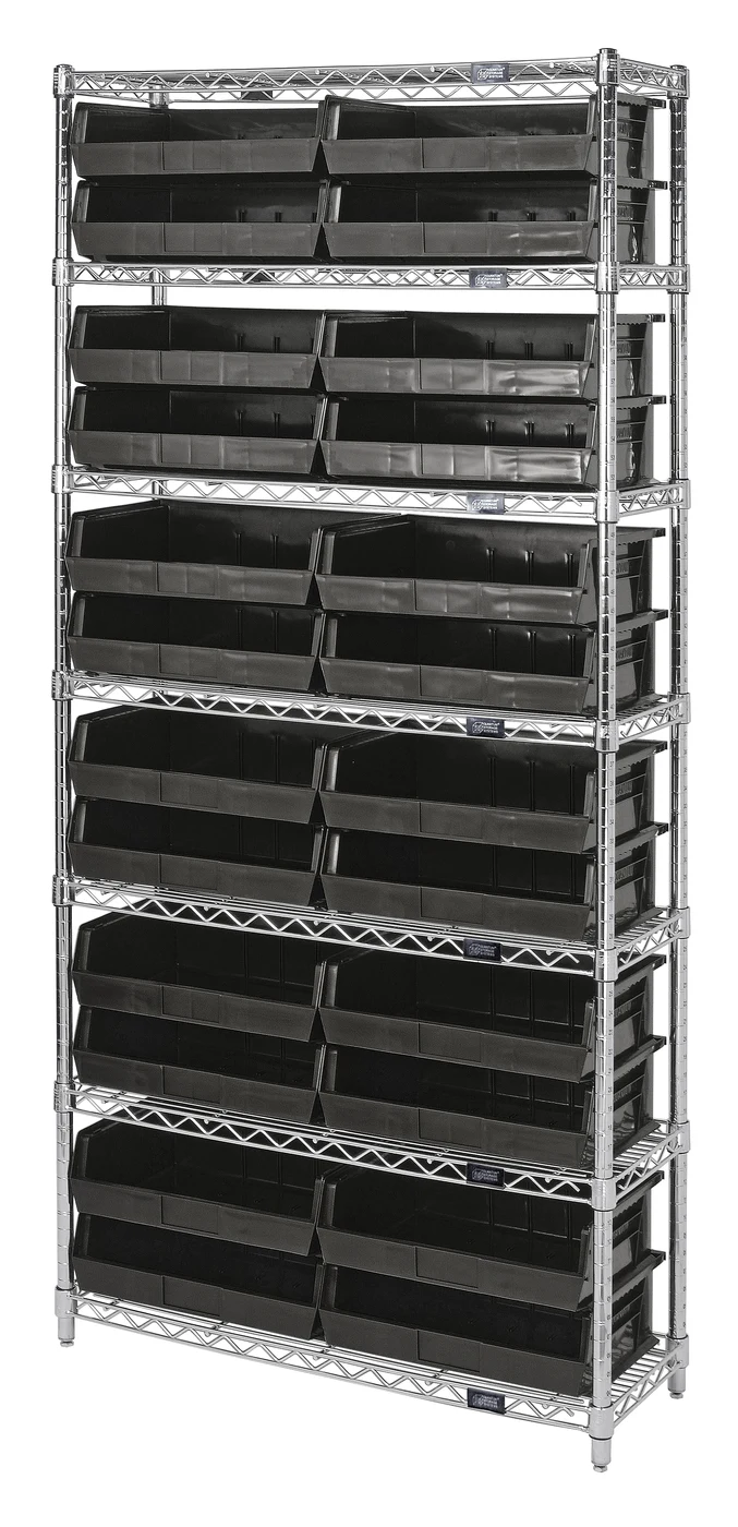 Quantum WR7-245BK Bin Wire Shelving System, 36"W x 12"D x 74"H, 800 lb capacity, Chrome