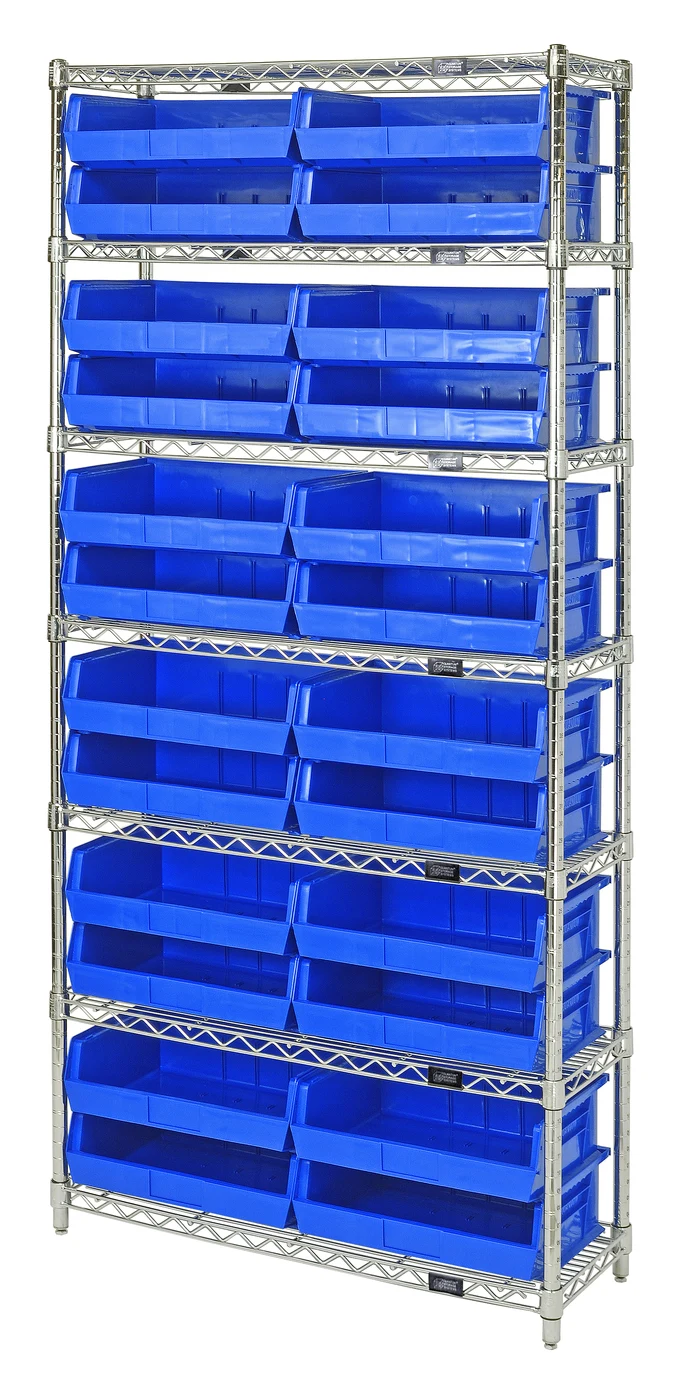 Quantum WR7-245BL Bin Wire Shelving System, 36"W x 12"D x 74"H, 800 lb capacity, Chrome