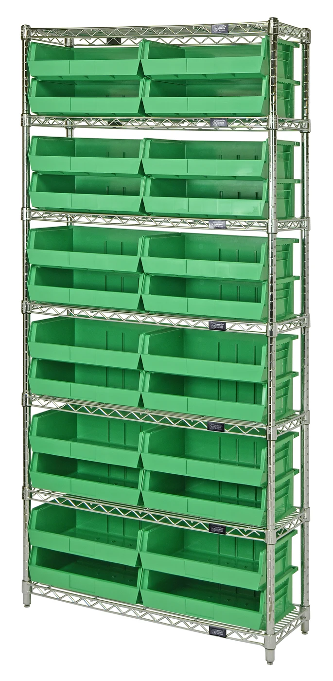 Quantum WR7-245GN Bin Wire Shelving System, 36"W x 12"D x 74"H, 800 lb capacity, Chrome