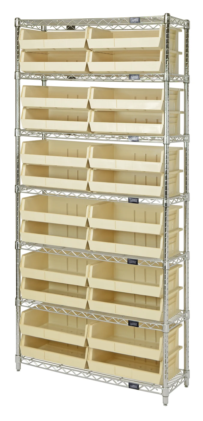 Quantum WR7-245IV Bin Wire Shelving System, 36"W x 12"D x 74"H, 800 lb capacity, Chrome