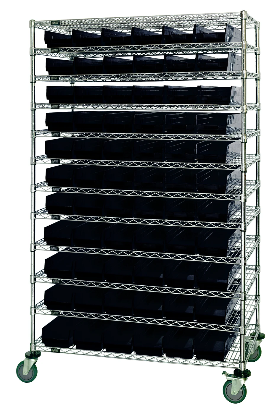 Quantum WR74-2474-105106BK Bin Wire Shelving System, 72"W x 24"D x 74"H, 600 lb capacity, Chrome