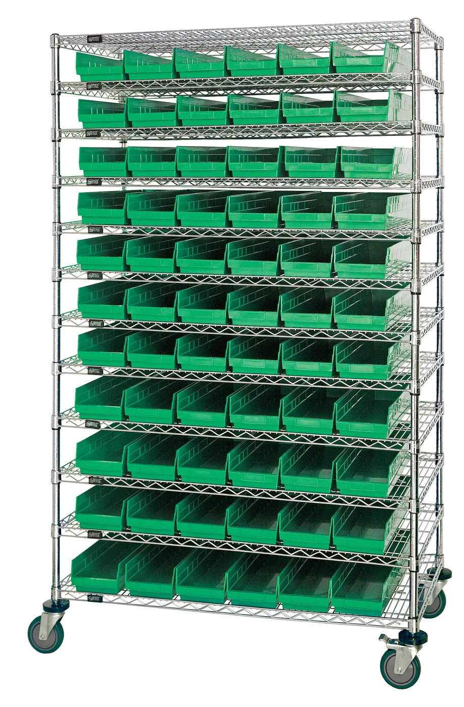 Quantum WR74-2474-105106GN Bin Wire Shelving System, 72"W x 24"D x 74"H, 600 lb capacity, Chrome