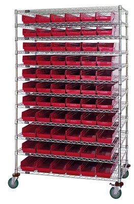 Quantum WR74-2474-105106RD Bin Wire Shelving System, 72"W x 24"D x 74"H, 600 lb capacity, Chrome