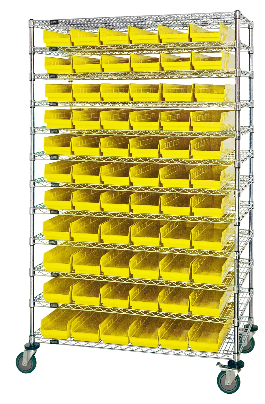 Quantum WR74-2474-105106YL Bin Wire Shelving System, 72"W x 24"D x 74"H, 600 lb capacity, Chrome