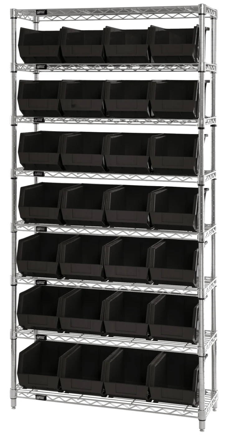 Quantum WR8-240BK Bin Wire Shelving System, 36"W x 14"D x 74"H, 800 lb capacity, Chrome