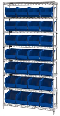 Quantum WR8-240BL Bin Wire Shelving System, 36"W x 14"D x 74"H, 800 lb capacity, Chrome