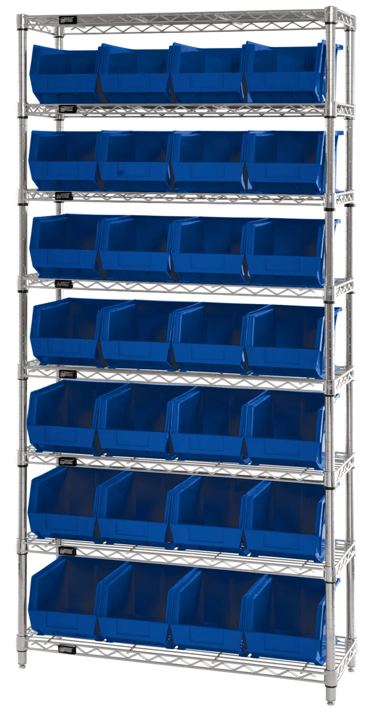 Quantum WR8-240BL Bin Wire Shelving System, 36"W x 14"D x 74"H, 800 lb capacity, Chrome