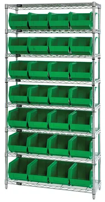 Quantum WR8-240GN Bin Wire Shelving System, 36"W x 14"D x 74"H, 800 lb capacity, Chrome