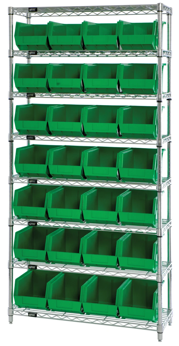Quantum WR8-240GN Bin Wire Shelving System, 36"W x 14"D x 74"H, 800 lb capacity, Chrome