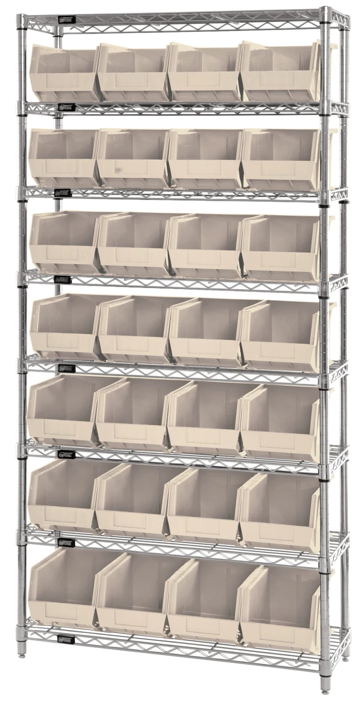 Quantum WR8-240IV Bin Wire Shelving System, 36"W x 14"D x 74"H, 800 lb capacity, Chrome