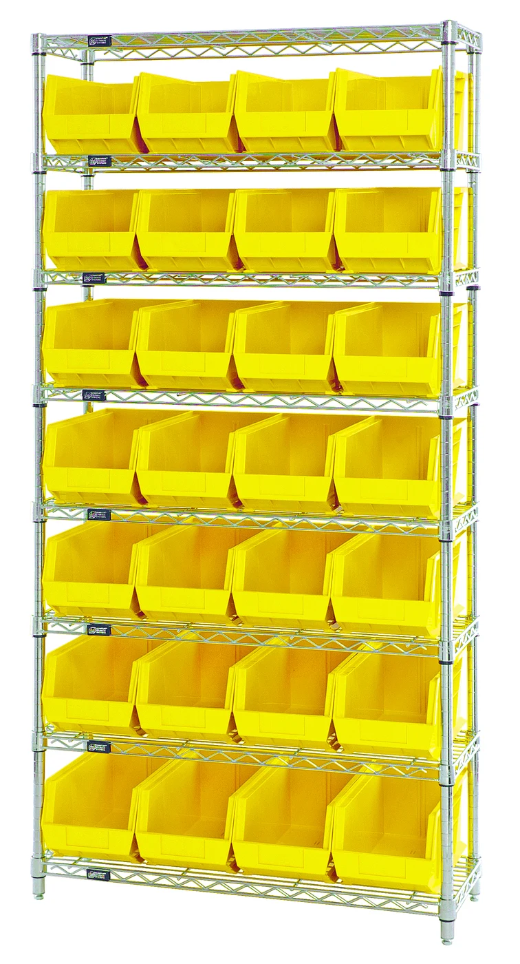 Quantum WR8-240YL Bin Wire Shelving System, 36"W x 14"D x 74"H, 800 lb capacity, Chrome