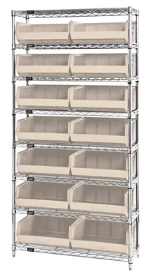 Quantum WR8-250IV Bin Wire Shelving System, 36"W x 14"D x 74"H, 800 lb capacity, Chrome
