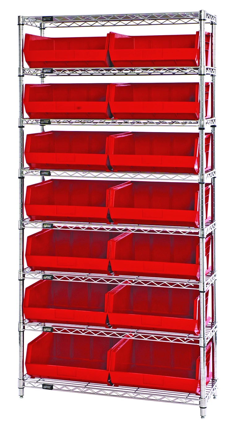 Quantum WR8-250RD Bin Wire Shelving System, 36"W x 14"D x 74"H, 800 lb capacity, Chrome