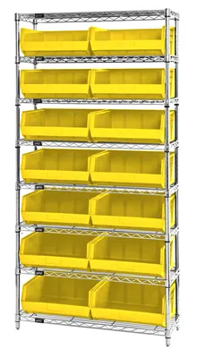 Quantum WR8-250YL Bin Wire Shelving System, 36"W x 14"D x 74"H, 800 lb capacity, Chrome