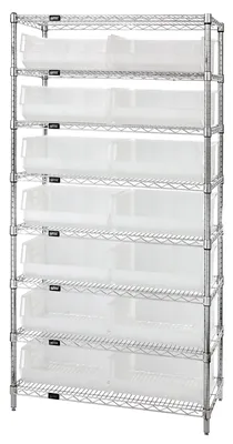 Quantum WR8-250CL Bin Wire Shelving System, 36"W x 14"D x 74"H, 800 lb capacity, Chrome