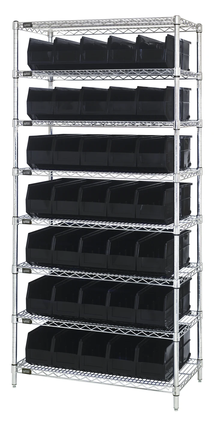 Quantum WR8-441BK Bin Wire Shelving System, 36"W x 14"D x 74"H, 800 lb capacity, Chrome